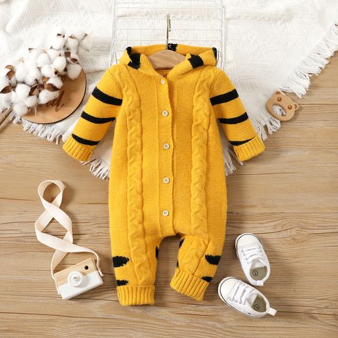 Baby Boy/Girl Tiger Design Knitted Long-sleeve Hooded Button Front Jumpsuit