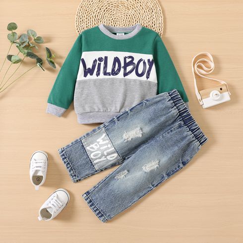 2pcs Baby Boy Letter Print Long-sleeve Colorblock Sweatshirt and Ripped Jeans Set