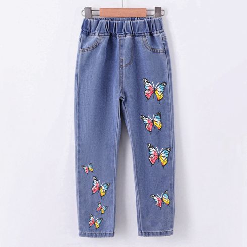 Kid Girl Butterfly Print Elasticized Denim Jeans