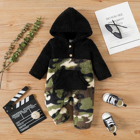 Baby Boy Solid Hooded Long-sleeve Spliced Camouflage Thermal Fuzzy Jumpsuit with Pocket