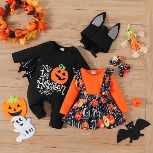 Halloween Baby Girl Pumpkin & Letter Print Long-sleeve Sets