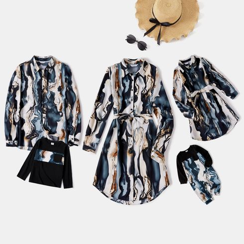 Family Matching Tie Dye Belted Button Shirt Dresses and Long-sleeve Tops Sets