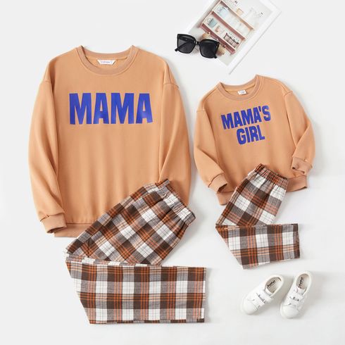 Mommy and Me Letter Print Drop Shoulder Long-sleeve Sweatshirts and Plaid Pants Sets