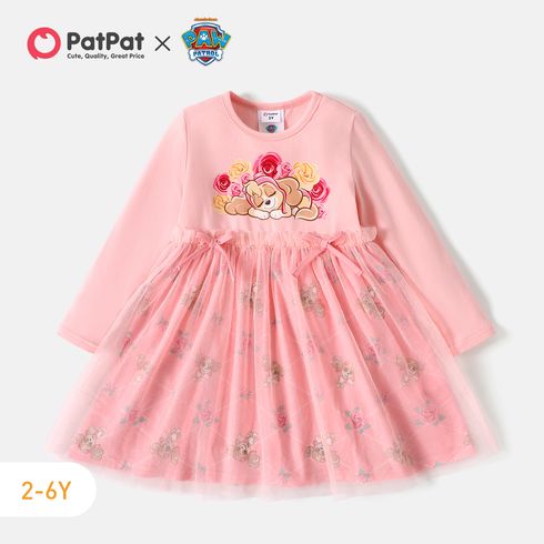 PAW Patrol Toddler Girl Letter Print Bowknot Mesh Design Long-sleeve Pink Cotton Dress