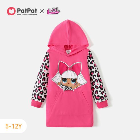 L.O.L. SURPRISE! Kid Girl Character Leopard Print Colorblock Pocket Design Hooded Sweatshirt Dress