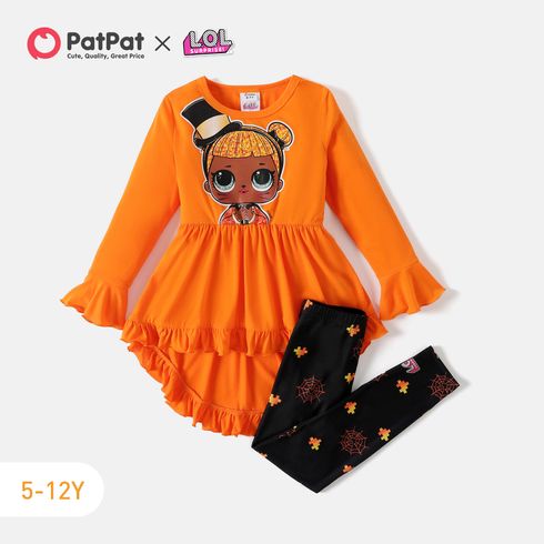 L.O.L. SURPRISE! 2pcs Kid Girl Characters Print Ruffled High Low Long-sleeve Tee and Allover Print Leggings Set