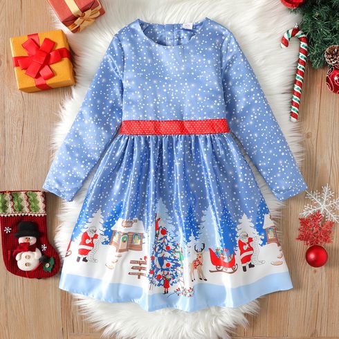 Kid Girl Christmas Snow Print Long-sleeve Blue Dress