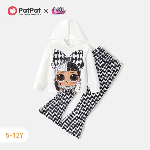 L.O.L. SURPRISE! 2pcs Kid Girl Characters Print White Hoodie Sweatshirt and Houndstooth Flared Pants Set