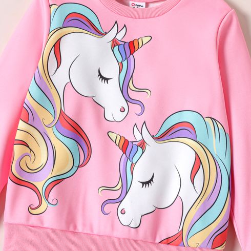 Kid Girl Unicorn Print Fleece Lined Pink Pullover Sweatshirt Pink (fabric upgraded) big image 3