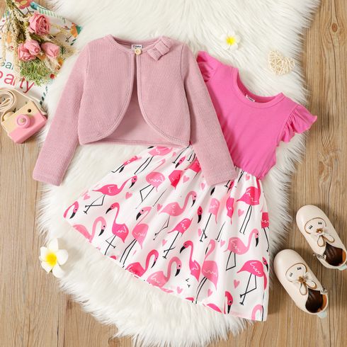 1-piece Toddler Girl Flamingo Print Flutter-sleeve Dress/ Bowknot Design Ribbed Cardigan