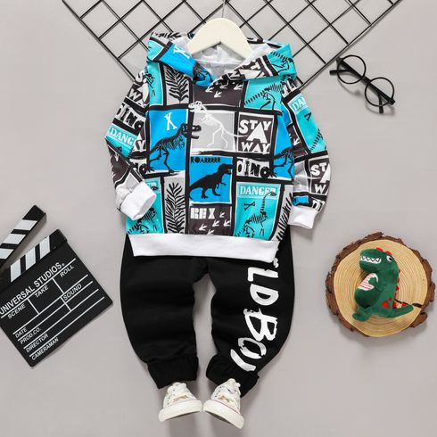 1-piece Toddler Boy Colorblock Dinosaur Print Hoodie Sweatshirt/ Letter Print Pants
