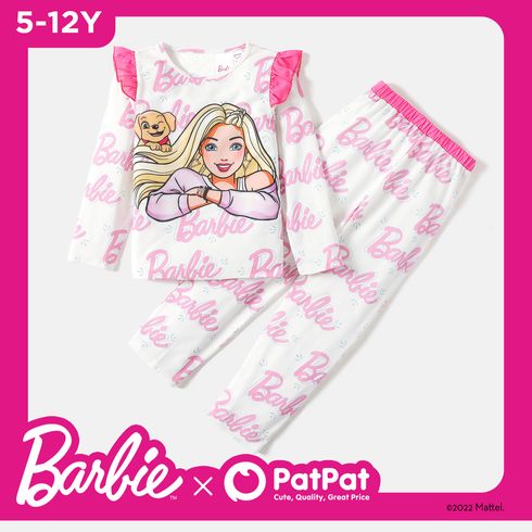 Barbie 2pcs Kid Girl Letter Print Ruffled Long-sleeve Tee and Pants Pajamas Set