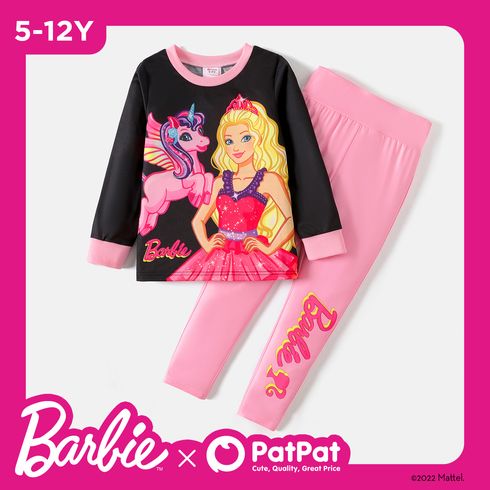 Barbie 2pcs Kid Girl Character Print Colorblock Sweatshirt and Letter Print Leggings Set