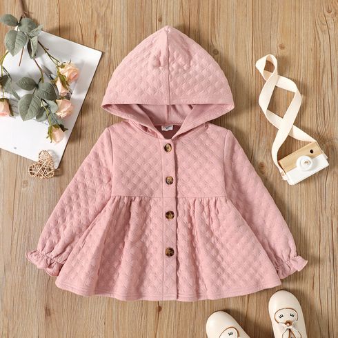 Toddler Girl Textured Button Design Hooded Pink Coat