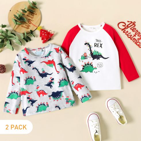 2-Pack Toddler Boy/Girl Christmas Playful Dinosaur Print Long-sleeve Tee