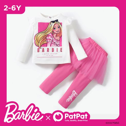 Barbie 2pcs Toddler Giel Ruffled Long-sleeve Cotton Tee and Mesh Skirt Leggings Set