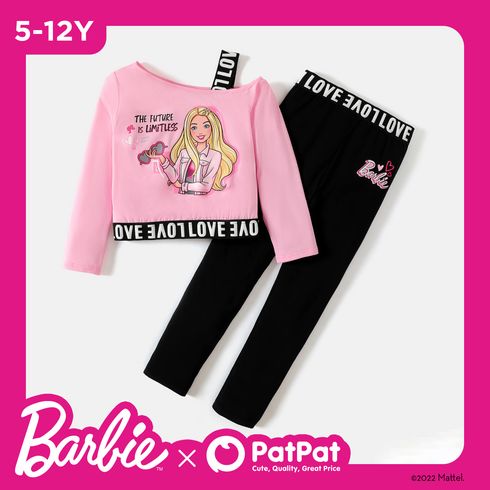 Barbie 2pcs Kid Girl Character Letter Print Strap Long-sleeve Tee and Black Cotton Leggings Set