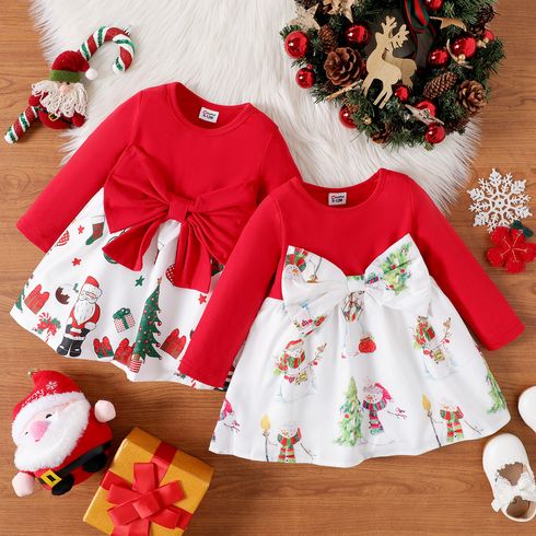 Christmas Baby Girl Solid Long-sleeve Spliced Print Bow Front Dress