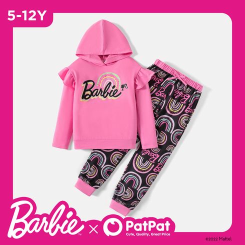 Barbie 2pcs Kid Girl Ruffled Letter Print Pink Cotton Hoodie Sweatshirt and Rainbow Print Pants Set