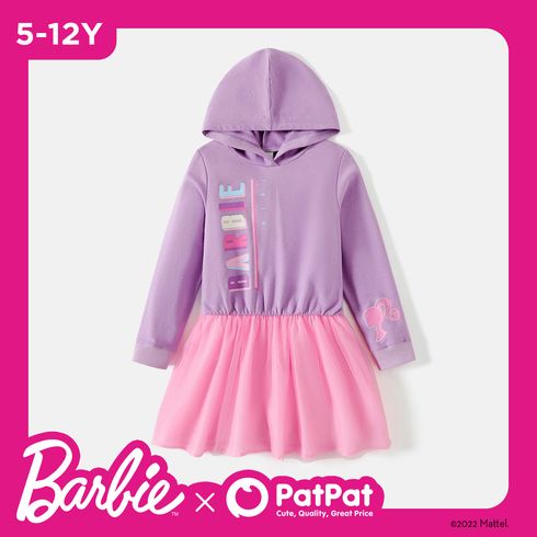 Barbie Kid Girl Letter Print Mesh Splice Long-sleeve Cotton Hooded Dress