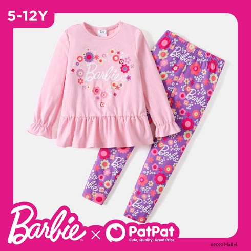 Barbie 2pcs Kid Girl Floral Letter Print Long-sleeve Cotton Pink Tee and Leggings Set