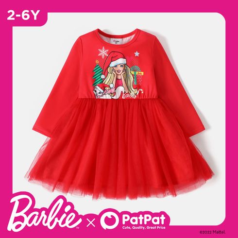 Barbie Toddler Girl Character Print Mesh Splice Long-sleeve Dress