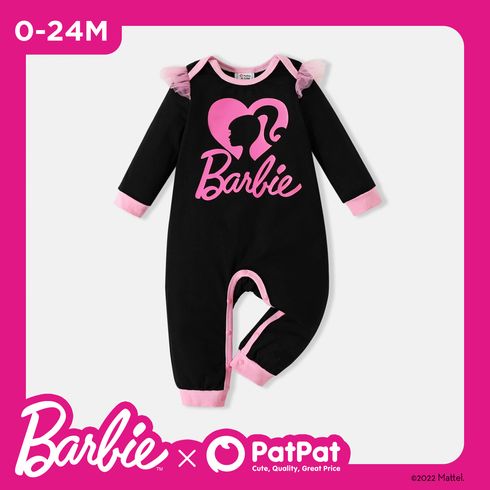 Barbie Baby Girl 95% Cotton Long-sleeve Mesh Ruffle Trim Graphic Jumpsuit