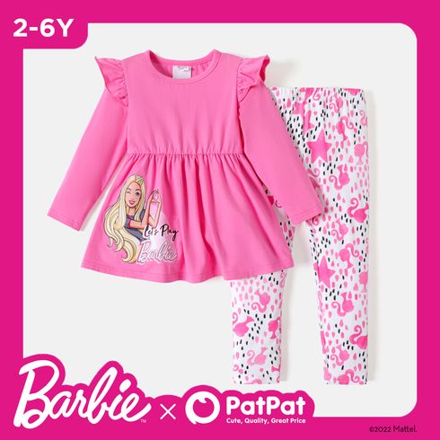 Barbie 2pcs Toddler Girl Character Print Ruffled Long-sleeve Tee and Allover Print Pants Set