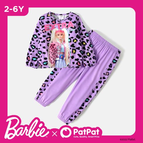 Barbie 2pcs Toddler Girl Leopard Print Pullover Sweatshirt and Purple Pants Set