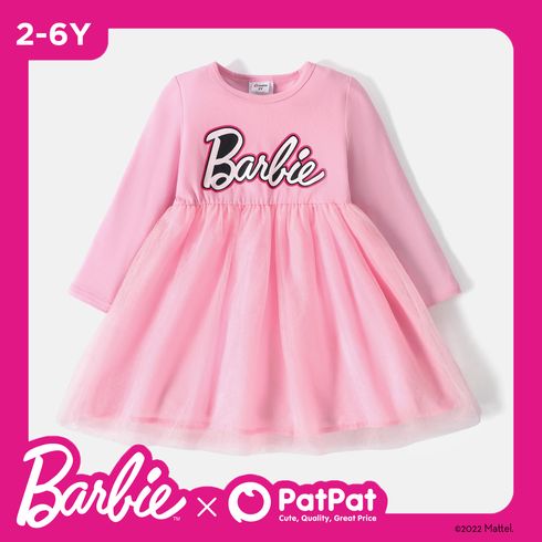 Barbie Toddler Girl Letter Print Cotton Mesh Splice Long-sleeve Pink Dress