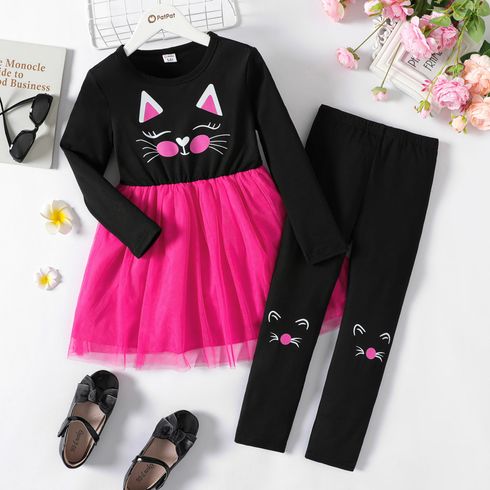 2pcs Kid Girl Kitty Print Mesh Splice Long-sleeve Tee and Black Leggings Set