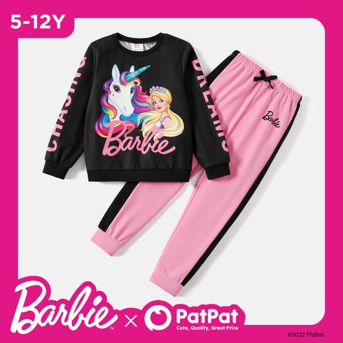 Barbie 2pcs Kid Girl Unicorn Letter Print Sweatshirt and Colorblock Pants Set