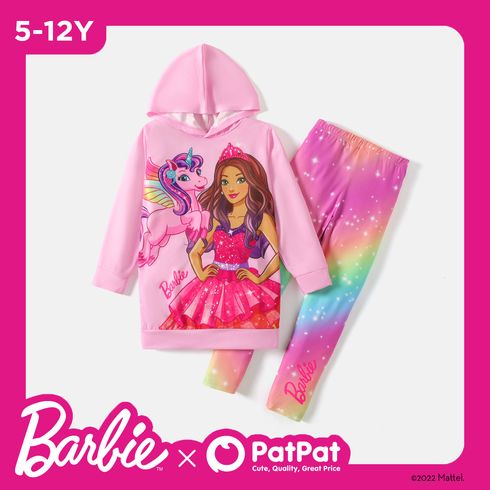 Barbie 2pcs Kid Girl Character Print Pink Hoodie Sweatshirt and Tie Dyed Leggings Set