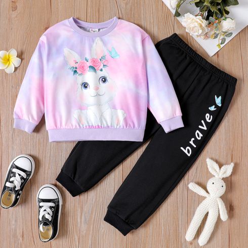 2pcs Toddler Girl Rabbit Print Tie Dyed Sweatshirt and Letter Print Pants Set