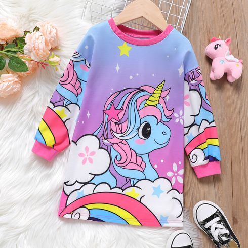 Toddler Girl Sweet Unicorn Rainbow Print Long-sleeve Sweatshirt Dress