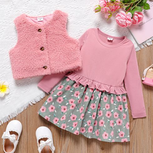 2pcs Toddler Girl Faux-two Floral Print Splice Dress and Fuzzy Fleece Vest Set