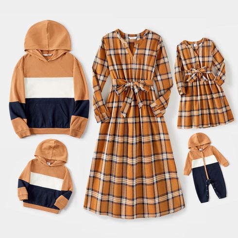 Family Matching Notch Neck Long-sleeve Belted Plaid Dresses and Colorblock Drop Shoulder Hoodies Sets