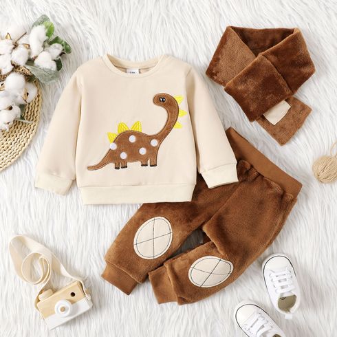 3pcs Baby Boy Dinosaur Embroidered Thermal Flannel Long-sleeve Sweatshirt and Sweatpants with Scarf Set