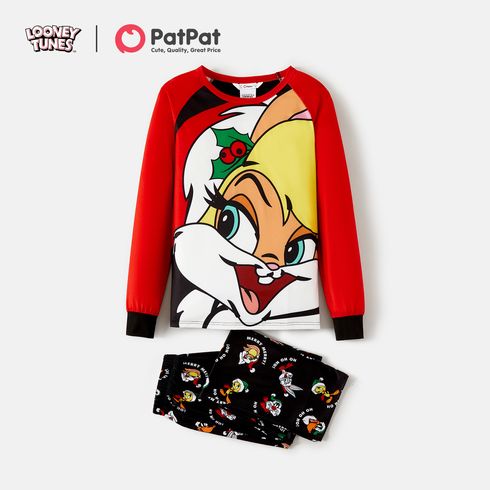 Looney Tunes Family Matching Cartoon Graphic aglan-sleeve Allover Christmas Print Pajamas Sets (Flame Resistant) redblack big image 3