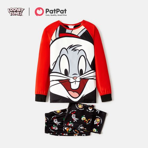 Looney Tunes  Family Matching Cartoon Graphic aglan-sleeve Allover Christmas Print Pajamas Sets (Flame Resistant) redblack big image 2