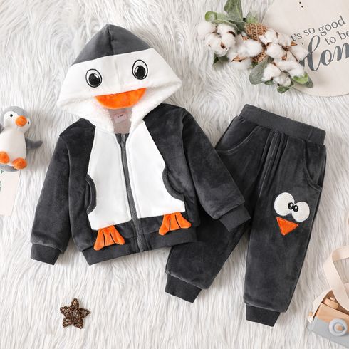 2pcs Baby Boy Penguin Design Long-sleeve Thermal Fleece Zipper Hoodie and Sweatpants Set