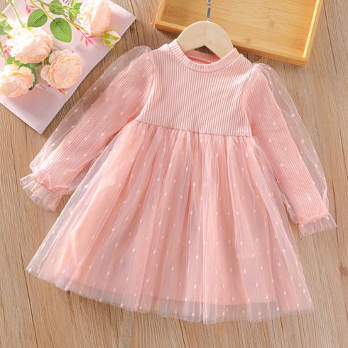 Toddler Girl Sweet Polka dots Mesh Design Long-sleeve Pink Dress