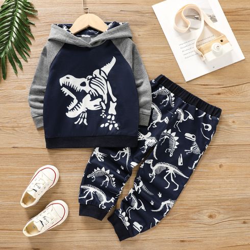 2pcs Toddler Boy Animal Dinosaur Print Raglan Sleeve Hoodie Sweatshirt and Pants Set