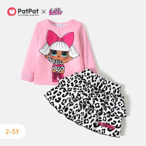 L.O.L. SURPRISE! 2pcs Toddler Girl Characters Long-sleeve Tee and Leopard Print Layered Skirt Set