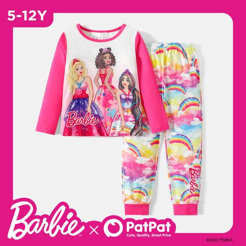 Barbie 2pcs Kid Girl Character Print Long-sleeve Tee and Rainbow Print Pants Pajamas Sleepwear Set