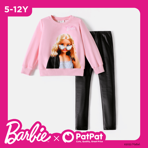 Barbie 2pcs Kid Girl Character Print Pink Sweatshirt and PU Leggings Set