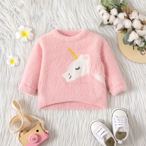 Baby Girl Unicorn Graphic Pink Long-sleeve Thermal Fluffy Sweater