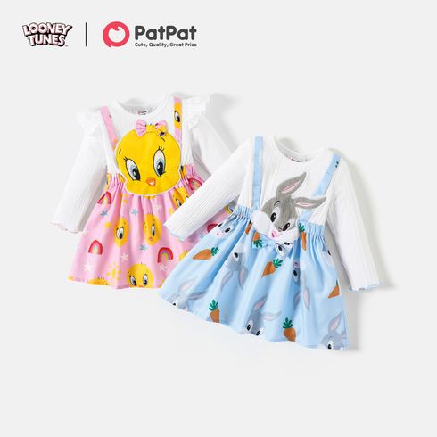 Looney Tunes Baby Girl Ruffle Long-sleeve Animal Graphic Spliced Dress