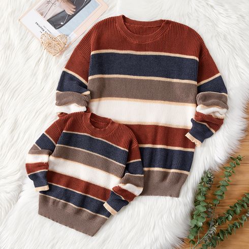 Mommy and Me Colorblock Striped Knitted Drop Shoulder Long-sleeve Sweater