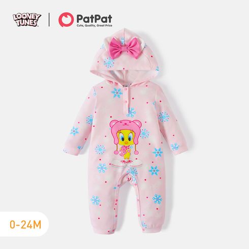 Looney Tunes Baby Girl Christmas Snowflake Print Animal Graphic Bow Front Hooded Long-sleeve Jumpsuit